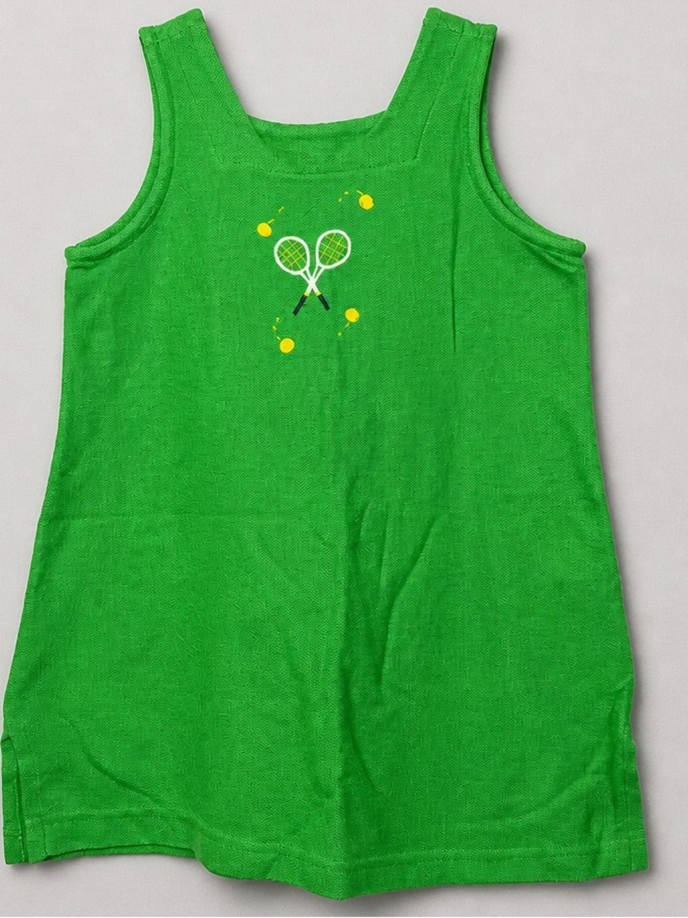 Kelly’s Kids green waffle knit square neck tennis dress with racket embroidery